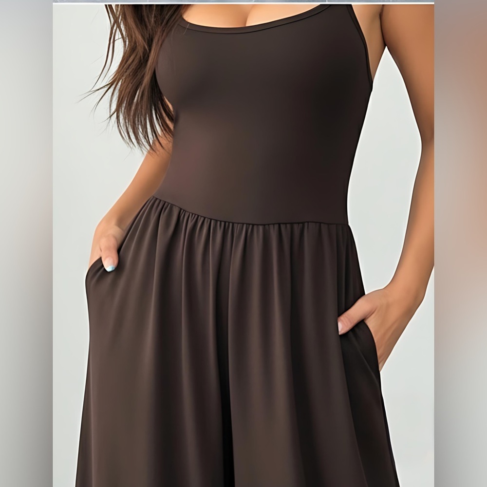 Boho Spaghetti Strap Wide Leg Jumpsuit With Pockets Brown - Picture 2 of 9